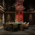 Elegant Private Dining Room With Circular Decor Starry Ceiling Red Walls And Marble Flooring