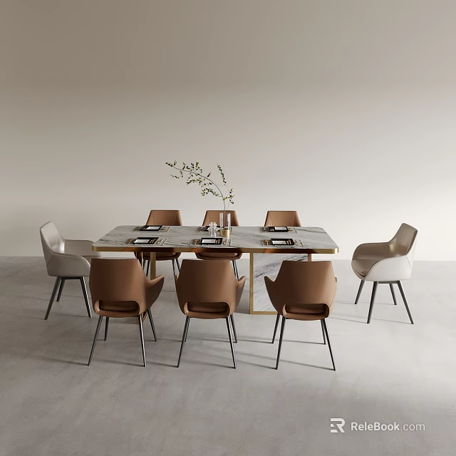 Modern Minimalist Dining Table Set With Chairs And Tabletop Greenery In Neutral Tones 3d model