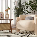 Stylish Green And Beige Single Seater Sofas With Window Plants Small Side Table And Rug 3d model