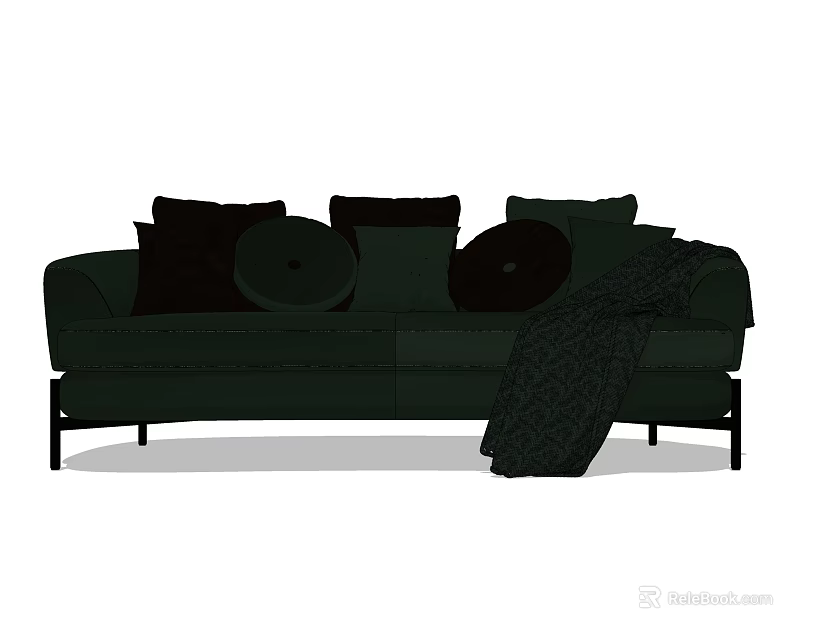Modern Dark Three Seater Sofa With Round Square Pillows And Throw Blanket 3d model