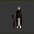 A brown horse tied to a wooden post with gray background and reflective ground