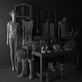 Retail Display Shelves With Mannequins Clothing Bags Shoes And Decorative Flowers
