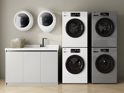 Modern Stacked White and Gray Washing Machines in Laundry Room With Cabinet and Sink 3d model