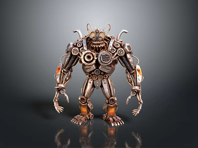 Mechanical Monster Character Creature With Detailed Metal Gears Robotic Limbs And Orange Accents 3d model