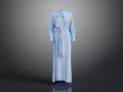 Light Blue Long Shirt Dress With Bow Tie And Waist Belt Detail 3d model