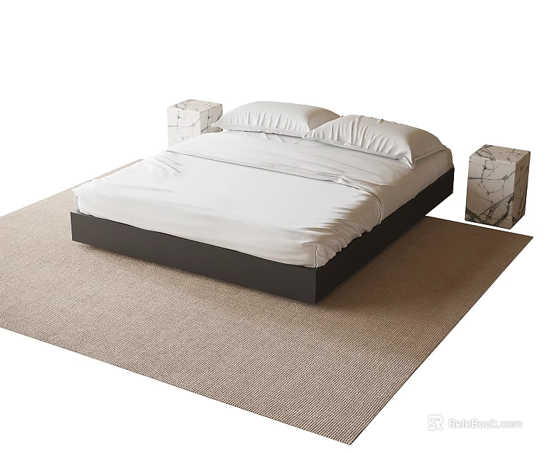 Modern Double Bed With White Sheets Black Frame And Marble Nightstands On Beige Rug 3d model 
