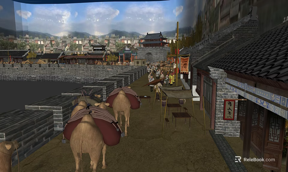 Ancient Chinese Commercial Street With Camels Stalls And Traditional Architecture 3d model 
