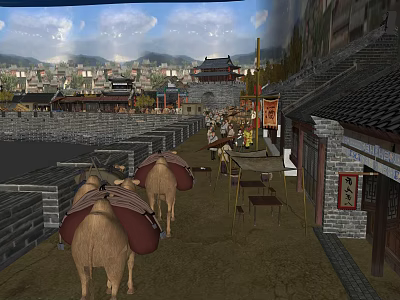 Ancient Chinese Commercial Street With Camels Stalls And Traditional Architecture 3d model