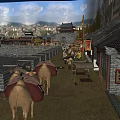 Ancient Chinese Commercial Street With Camels Stalls And Traditional Architecture