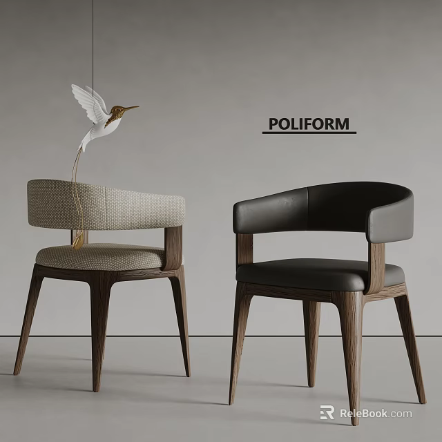 Modern Poliform Dining Chairs With Curved Backrest Fabric Leather Upholstery And Wooden Legs 3d model 
