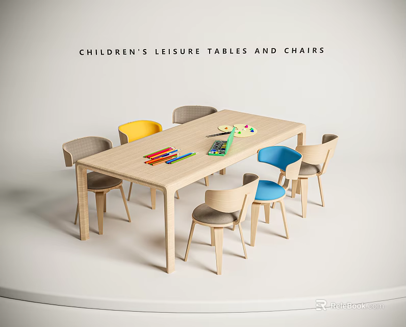 Children's Leisure Wooden Table And Colorful Chairs With Crayons And Drawing Tools 3d model 