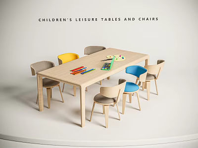 Children's Leisure Wooden Table And Colorful Chairs With Crayons And Drawing Tools 3d model