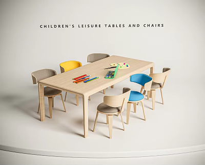Children's Leisure Wooden Table And Colorful Chairs With Crayons And Drawing Tools 3d model