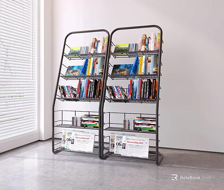 Double Black Metal Bookshelves With Colorful Books And Magazines In Modern Interior 3d model 
