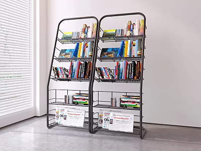 Double Black Metal Bookshelves With Colorful Books And Magazines In Modern Interior 3d model