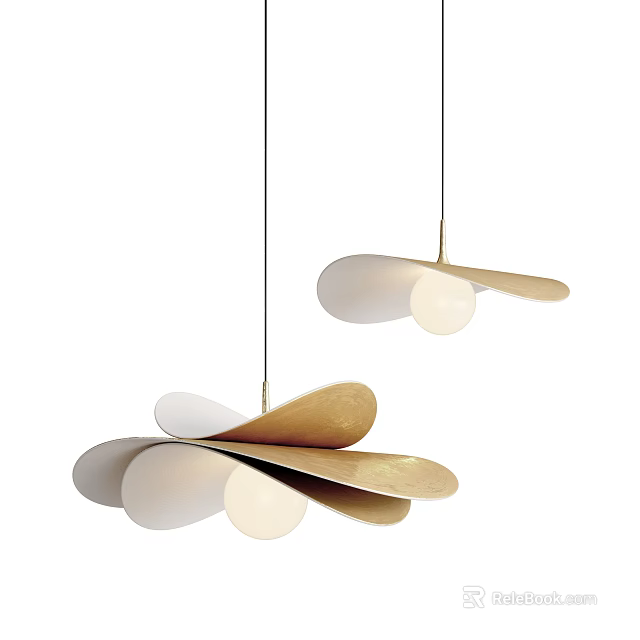 Modern Gold And White Leaf Shaped Hanging Pendant Lights With Round Bulbs 3d model 
