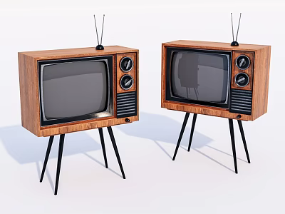 Two Vintage Televisions With Wooden Frames Antennas And Black Tripod Stands 3d model