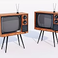 Two Vintage Televisions With Wooden Frames Antennas And Black Tripod Stands