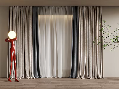 Modern Layered Curtains In Living Space With Red Floor Lamp And Green Plant 3d model