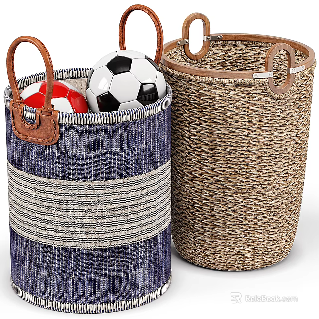 Blue Striped And Natural Woven Storage Baskets With Leather Handles For Toys 3d model 