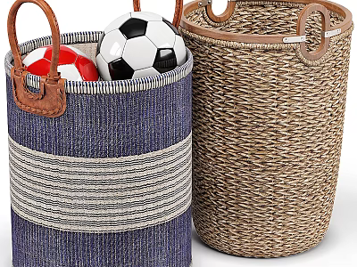 Blue Striped And Natural Woven Storage Baskets With Leather Handles For Toys 3d model