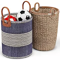 Blue Striped And Natural Woven Storage Baskets With Leather Handles For Toys