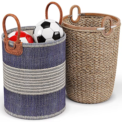 Blue Striped And Natural Woven Storage Baskets With Leather Handles For Toys 3d model