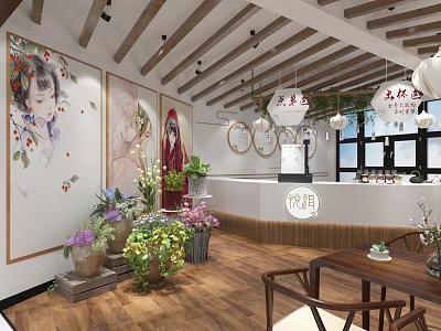 Cozy Milk Tea Shop Interior With Mural Paintings Potted Plants Hanging Lanterns And Wooden Tables 3d model