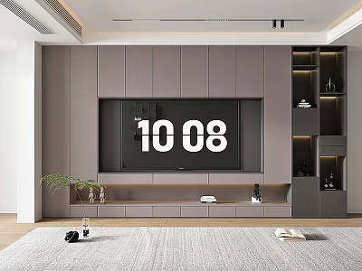 Modern Minimalist Gray TV Cabinet in Living Room with TV Shelves and Green Plant Decorations 3d model