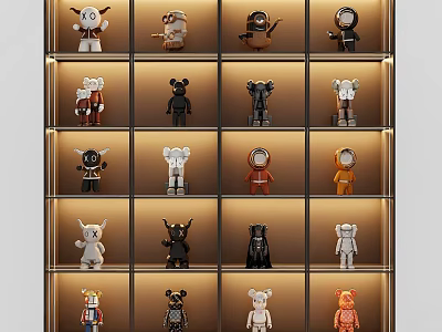 Assorted Collectible Figures Displayed On Multi Tiered Shelves In Various Colors 3d model
