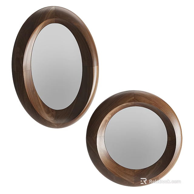 Two Round Decorative Mirrors With Walnut Wood Frame Home Decor Design 3d model 