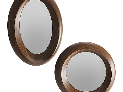 Two Round Decorative Mirrors With Walnut Wood Frame Home Decor Design 3d model