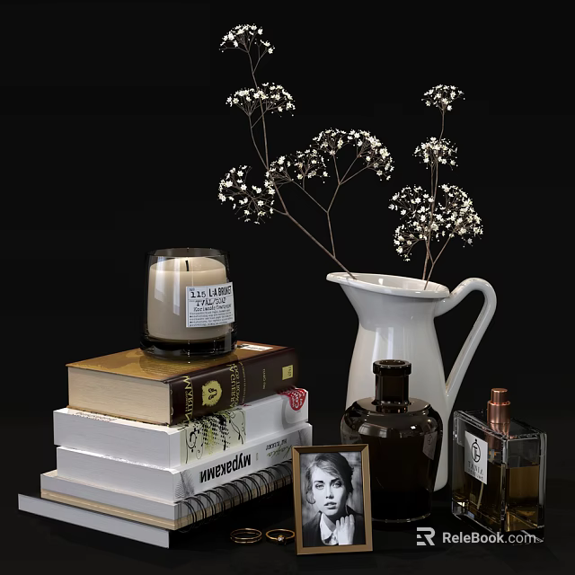 Decorative Ornament Set With Stacked Books Candle Vase Dried Flowers And Photo Frame 3d model 