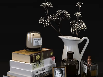 Decorative Ornament Set With Stacked Books Candle Vase Dried Flowers And Photo Frame 3d model