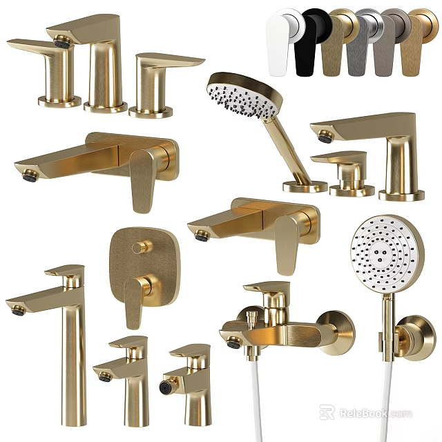 Gold Shower Faucet Set Including Shower Head Faucet Handles And Handheld Shower 3d model 
