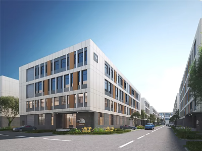 Modern Industrial Factory Building With Multi story Structure Large Glass Windows And Roadside Greenery 3d model