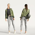 Woman in Black Leather Jacket White Top and Ripped Jeans with Backpack Front Back Views