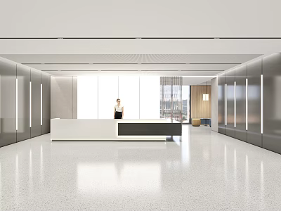 Modern Front Desk Reception Area With White Desk Glass Windows Metal Walls And Sleek Flooring 3d model