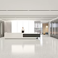 Modern Front Desk Reception Area With White Desk Glass Windows Metal Walls And Sleek Flooring