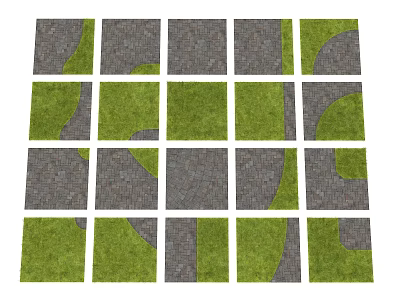 Gray Stone And Green Turf Interlocking Tiles In Grid Layout Design 3d model
