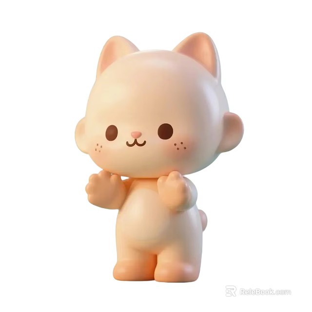 Cute Cat Doll with Big Eyes Blush Cheeks Raised Hands Light Pink Cartoon Style 3d model 