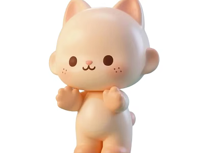 Cute Cat Doll with Big Eyes Blush Cheeks Raised Hands Light Pink Cartoon Style 3d model
