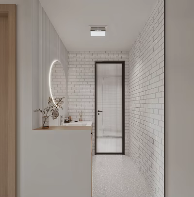 Modern Bathroom With White Brick Walls Round Illuminated Mirror And Vanity 3d model