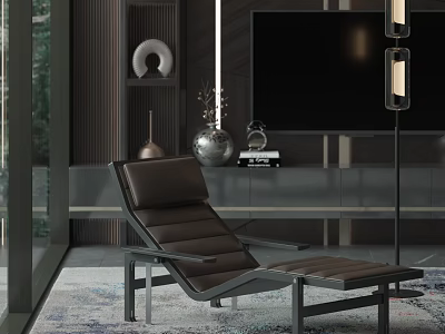 Dark Brown Leather Lounge Chair With Metal Frame In Modern Living Room With TV Shelves 3d model