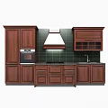 Dark Wooden Kitchen Cabinets with Glass Door Upper Units Range Hood and Tiled Backsplash