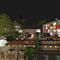 Café Interior with Brick Walls Pendant Lights Tree Bar Area and High Chairs