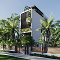 Modern Detached Villa With Vertical Louvers Greenery Palm Trees And Wooden Gate