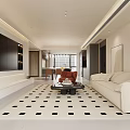 Elegant Living Dining Room Interior With Beige Sofa Red Accent Chair Dining Table And Artwork