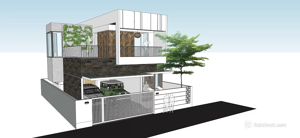 Modern Two Story Detached House With Stone Exterior Balcony Plants And Garage 3d model 