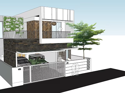 Modern Two Story Detached House With Stone Exterior Balcony Plants And Garage 3d model